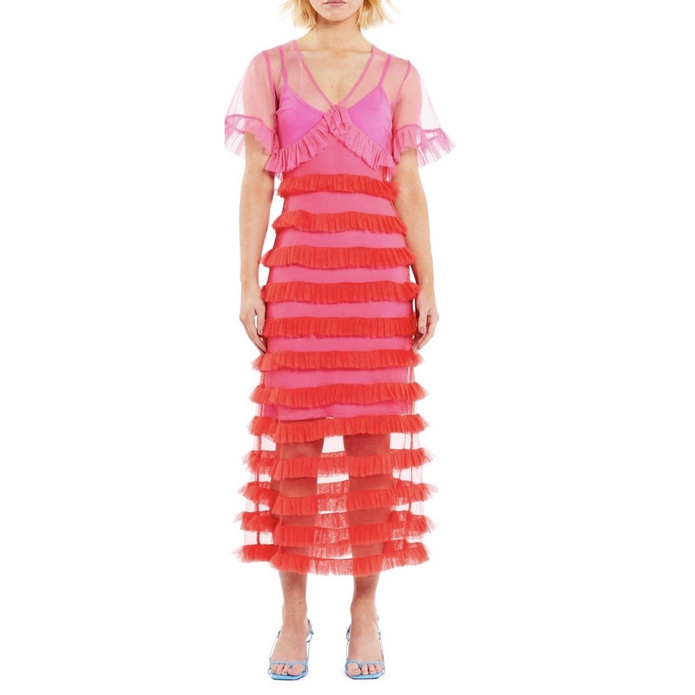 Never Fully Dressed Kate Shear Pleated Ruffle Midi Dress, Size 8
